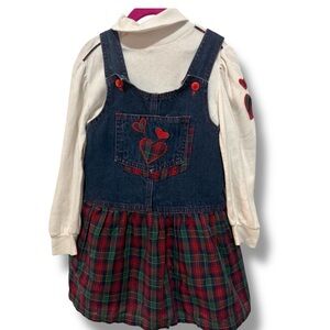 Calabash Girl's VINTAGE 90’s Heart Overall Denim Dress Plaid Skirt/Shirt Set